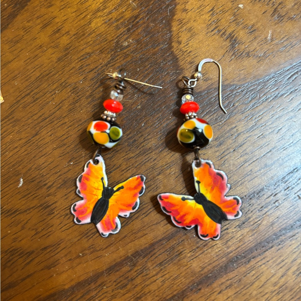 Orange and Black Butterfly Earrings with Enamel Detail